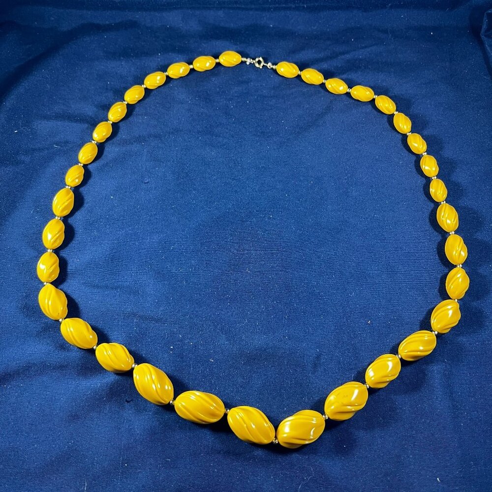 Vintage-Inspired 30" Golden Beaded Necklace With Faux Wooden Plastic Beads